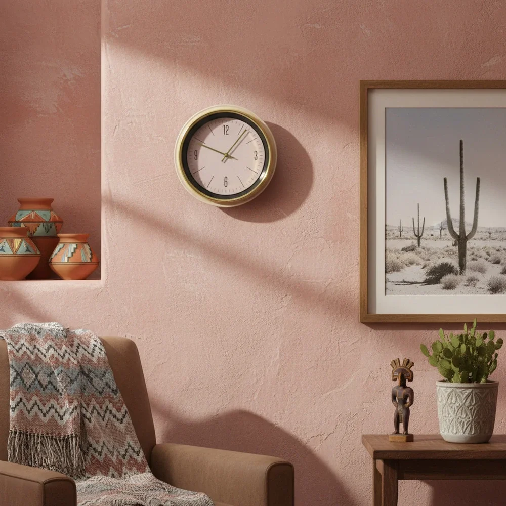 Vintage 1990's Sangtai Modernist Dusty Pink Gold Trim Wall Clock Minimalist 5168